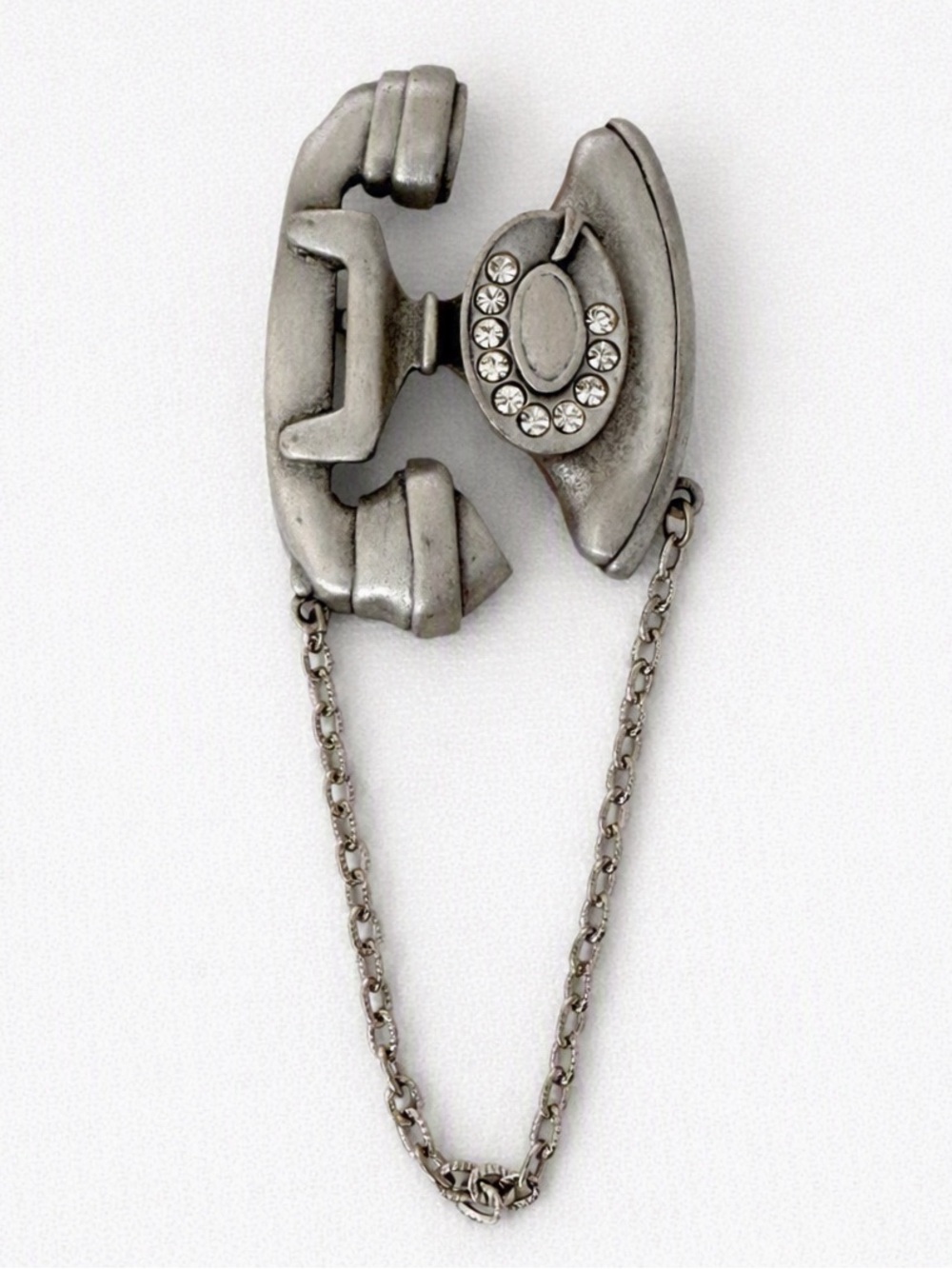 Vintage JJ Jonette Pewter Rotary Telephone Rhinestones Brooch Pin with Chain